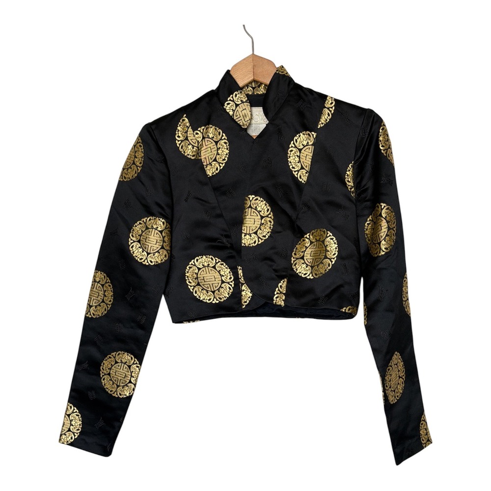 Cache Cropped Bolero Jacket Womens 4 Black Gold Chinoiserie Brocade Vintage USA